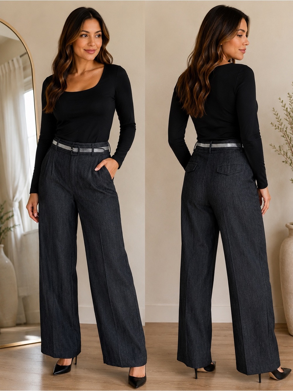 Sandro Sportswear Gray Dress Pants Size 12 Straight Leg with Metallic Belt